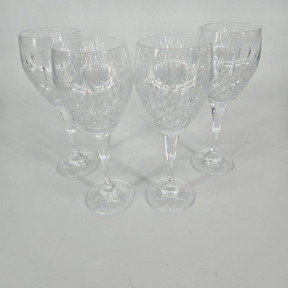 Set 4 Cut Crystal Wine Glasses Fan Diamond Pattern Unmarked Tall Goblets